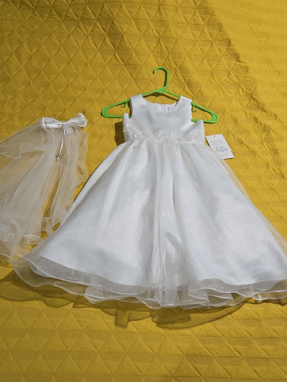 US Angels White Beaded Satin Flower Girl Dress with Tulle Skirt And Veil. Size 5